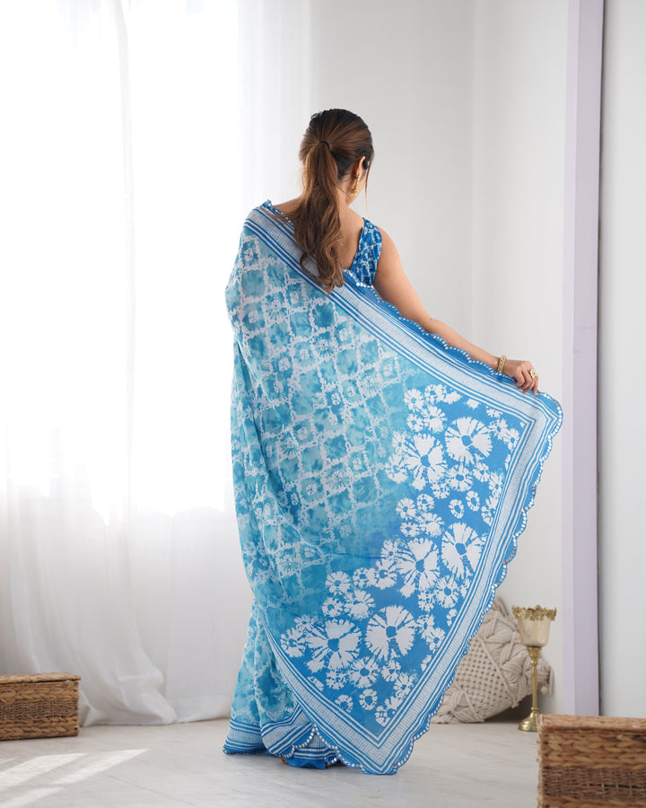 Fancy Blue Chinon Saree | Digital Printed with Mirror Cut Blouse