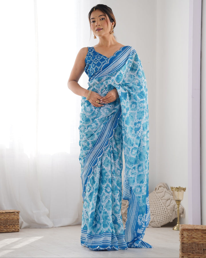 Fancy Blue Chinon Saree | Digital Printed with Mirror Cut Blouse