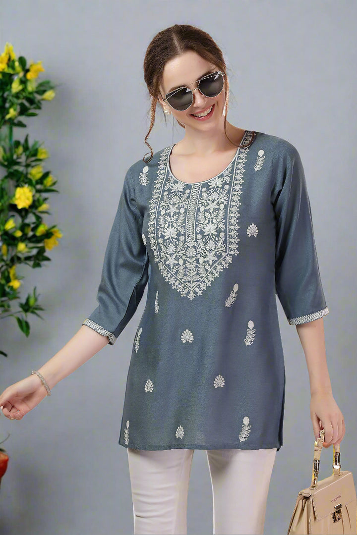 Stylish Gray Embroidered Short Kurti | Rayon Fabric Festive & Casual Kurti