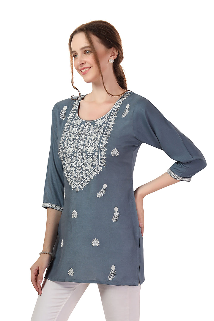 Stylish Gray Embroidered Short Kurti | Rayon Fabric Festive & Casual Kurti