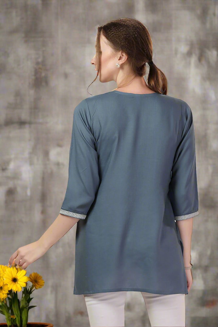 Stylish Gray Embroidered Short Kurti | Rayon Fabric Festive & Casual Kurti