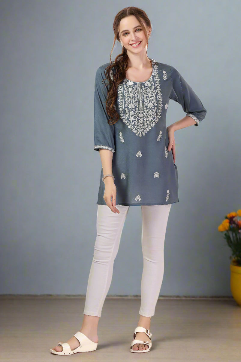 Stylish Gray Embroidered Short Kurti | Rayon Fabric Festive & Casual Kurti