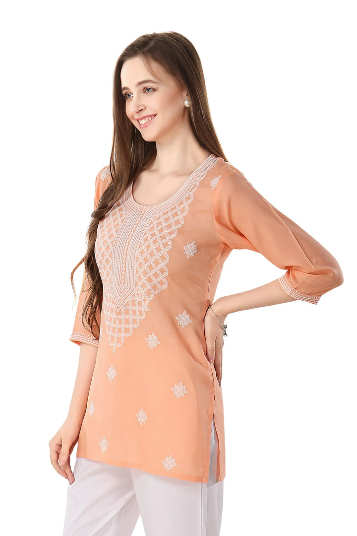 Peach Short Kurti Chikankari Work | Comfortable & Trendy Ethnic Outfit