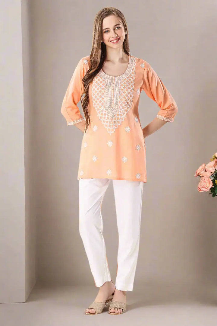 Peach Short Kurti Chikankari Work | Comfortable & Trendy Ethnic Outfit