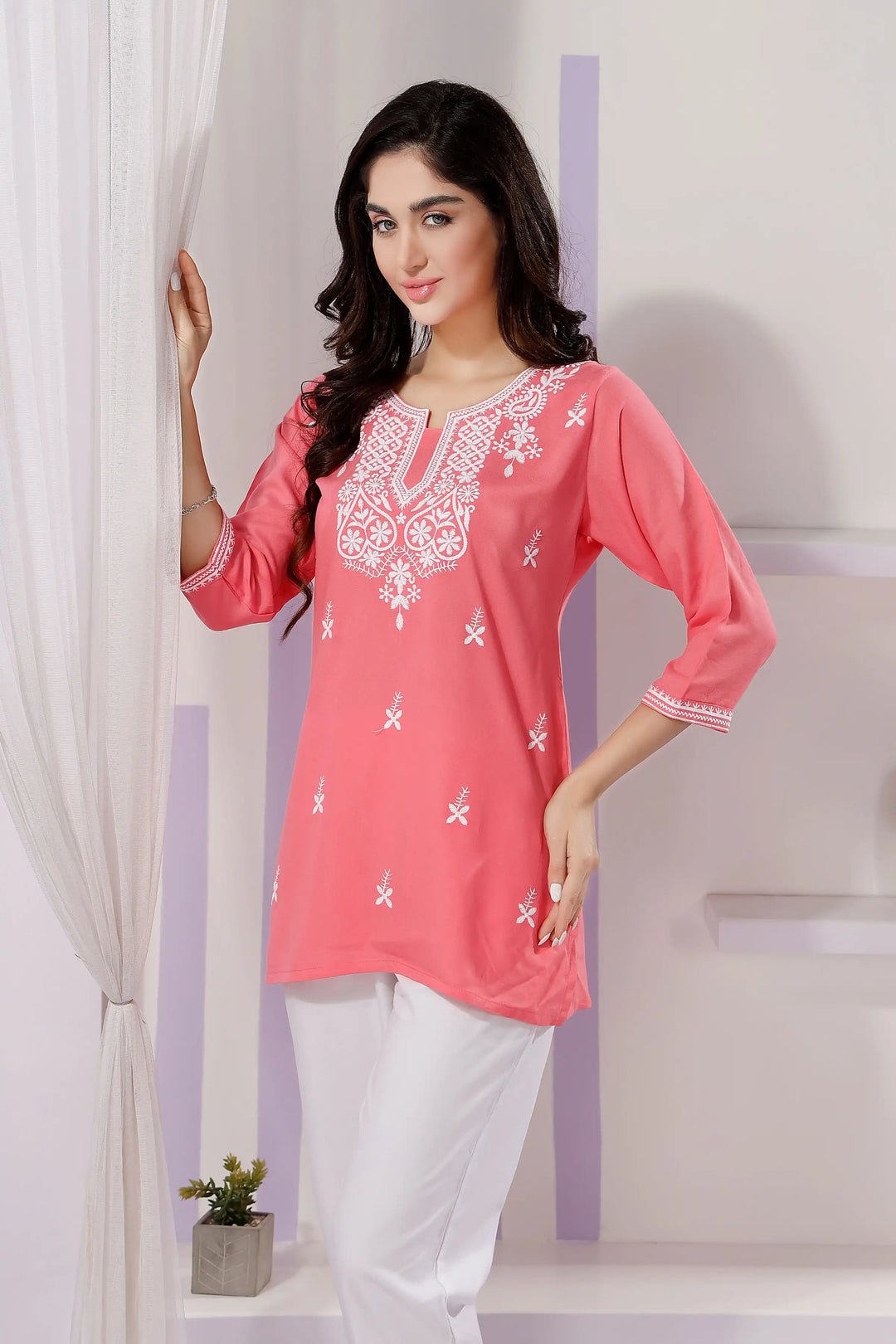 Coral Pink Embroidered Short Kurti | Rayon Fabric Festive & Casual Ethnic Wear