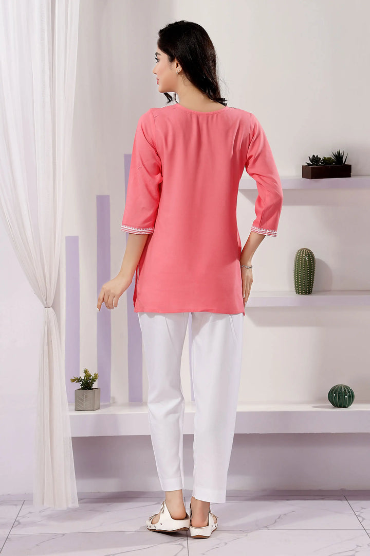 Coral Pink Embroidered Short Kurti | Rayon Fabric Festive & Casual Ethnic Wear
