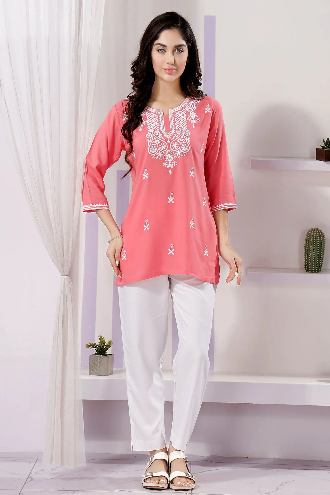 Coral Pink Embroidered Short Kurti | Rayon Fabric Festive & Casual Ethnic Wear
