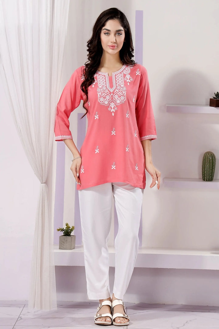 Coral Pink Embroidered Short Kurti | Rayon Fabric Festive & Casual Ethnic Wear