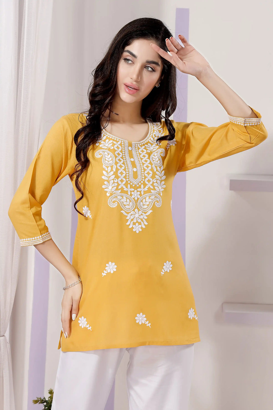 Stylish Yellow Chikankari Short Kurti | Rayon Fabric Festive & Casual Wear