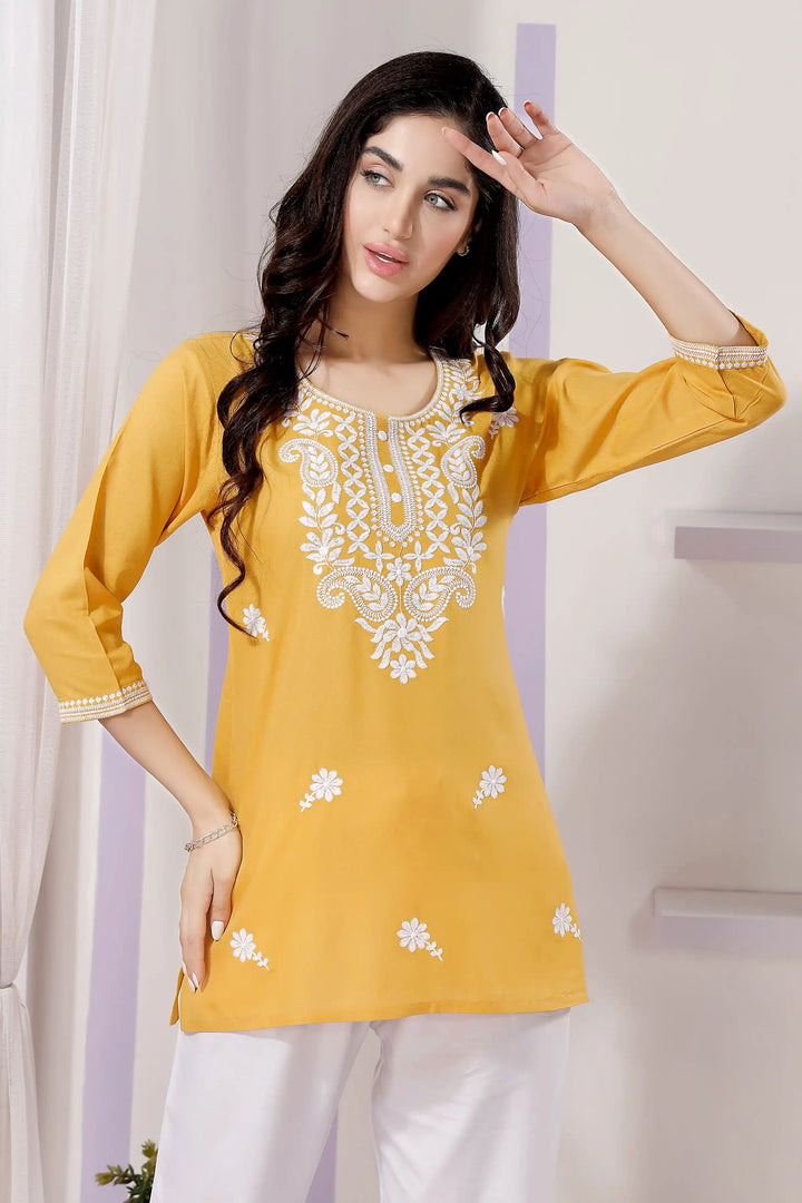 Stylish Yellow Chikankari Short Kurti | Rayon Fabric Festive & Casual Wear