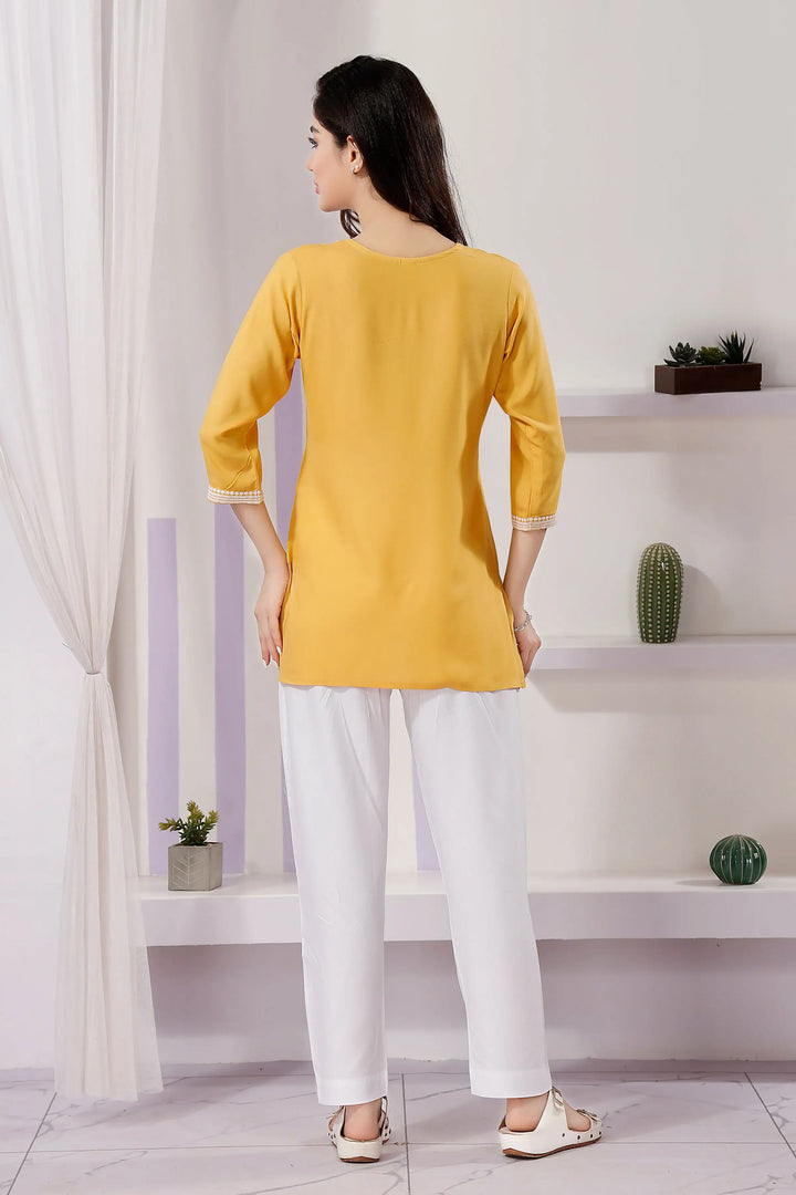 Stylish Yellow Chikankari Short Kurti | Rayon Fabric Festive & Casual Wear