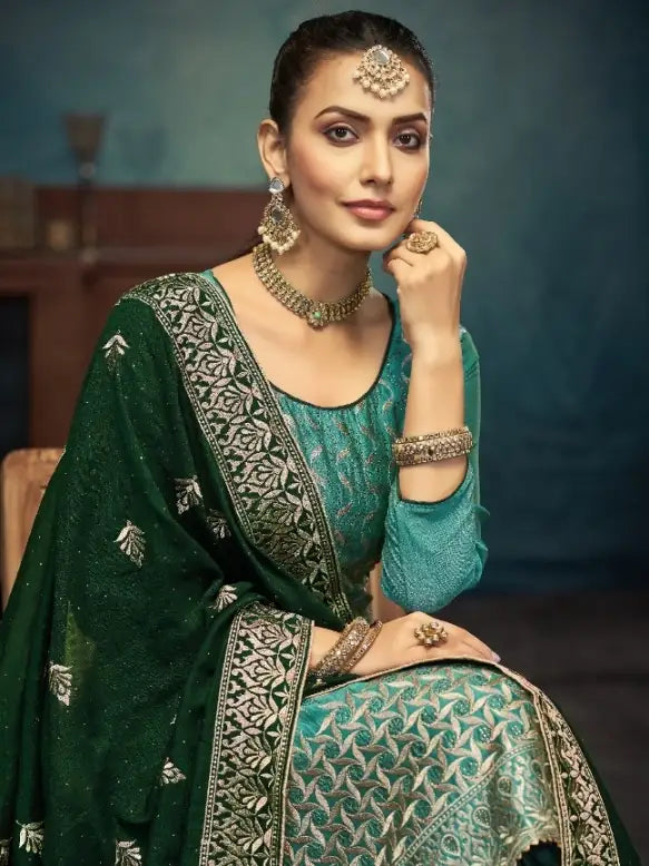 Gorgeous Teal Green Vichitra Top Coordinated with Bottom | Finished with an Elegant Dupatta