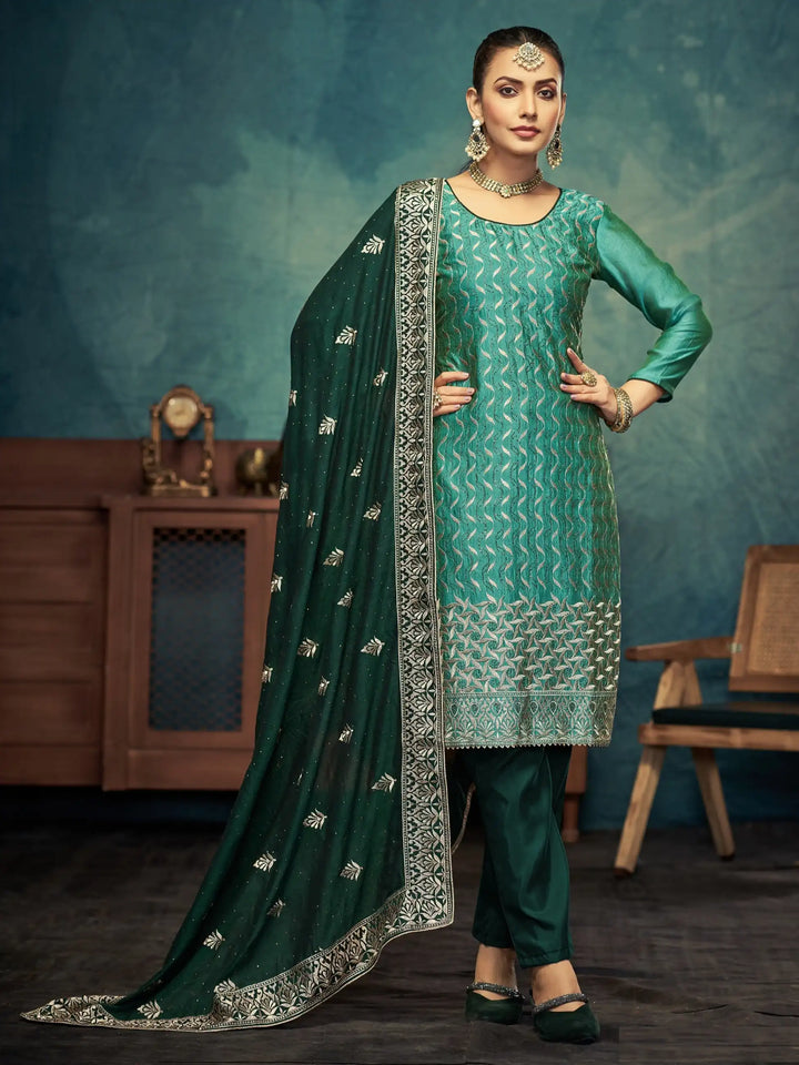 Gorgeous Teal Green Vichitra Top Coordinated with Bottom | Finished with an Elegant Dupatta