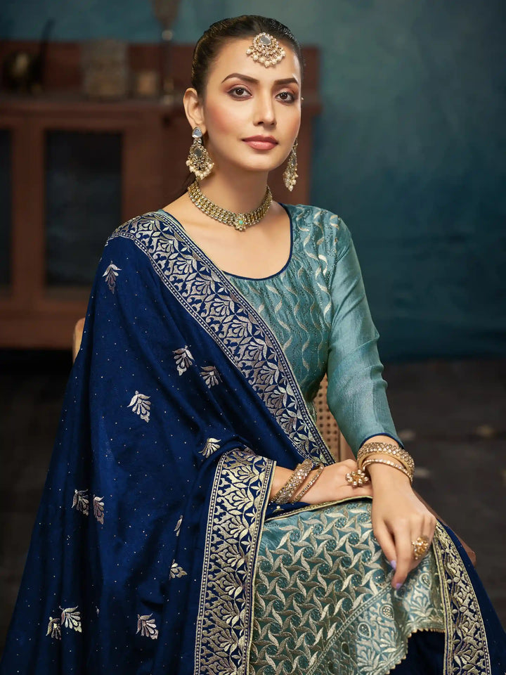 Gorgeous Teal Green Vichitra Top Coordinated with Bottom | Finished with an Elegant Dupatta