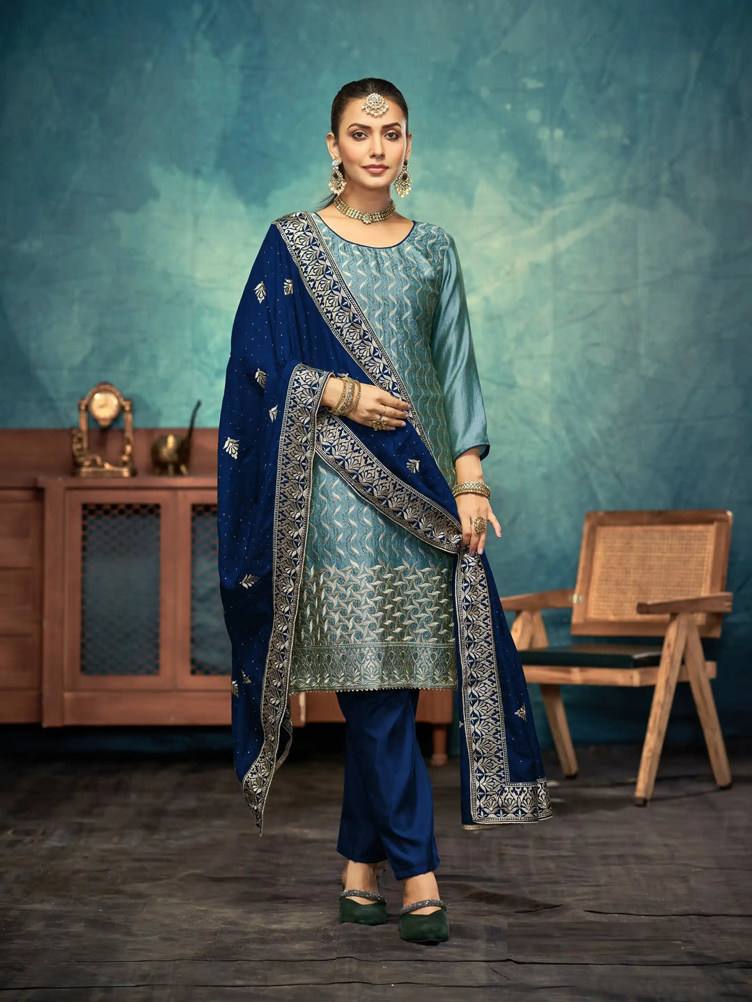 Gorgeous Teal Green Vichitra Top Coordinated with Bottom | Finished with an Elegant Dupatta
