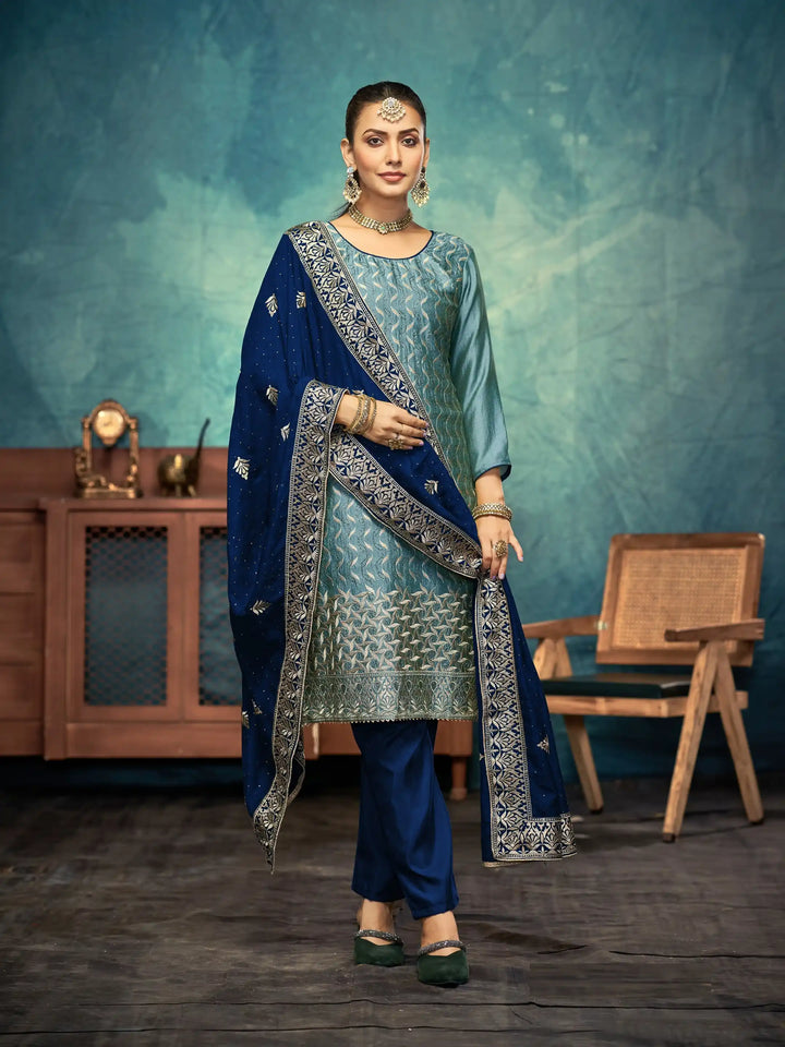 Gorgeous Teal Green Vichitra Top Coordinated with Bottom | Finished with an Elegant Dupatta