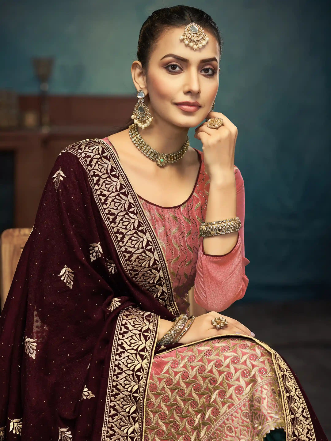 Gorgeous Teal Green Vichitra Top Coordinated with Bottom | Finished with an Elegant Dupatta