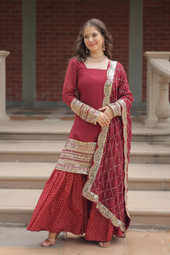Gorgeous Gajri Faux Georgette Top Coordinated with Bottom | Accentuated by a Dupatta