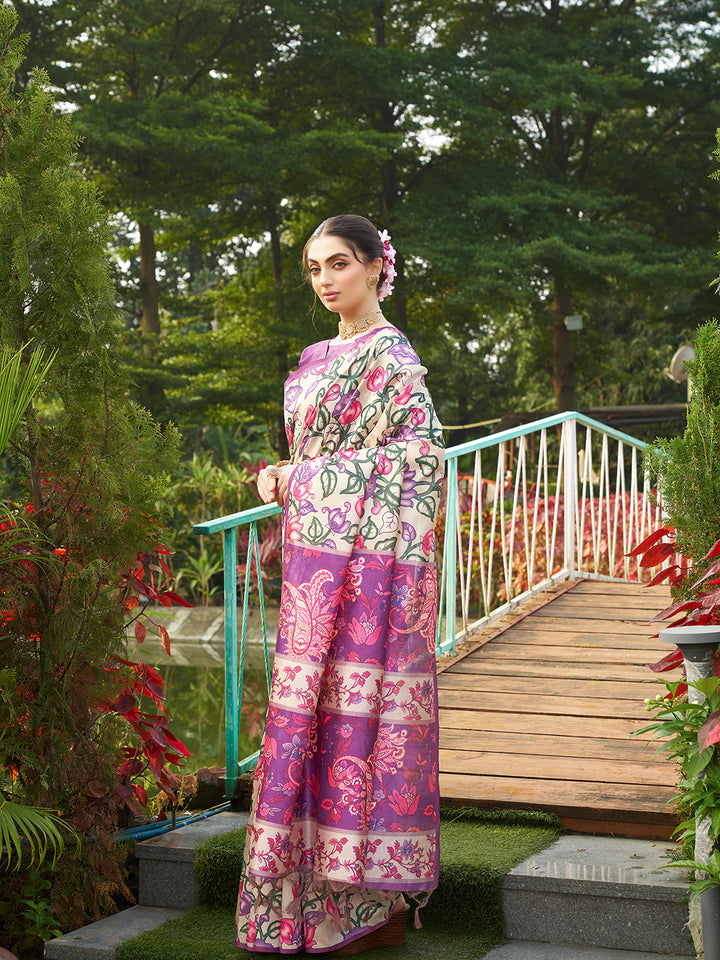 Kalamkari Printed Tussar Silk Saree | Traditional Festive Wear