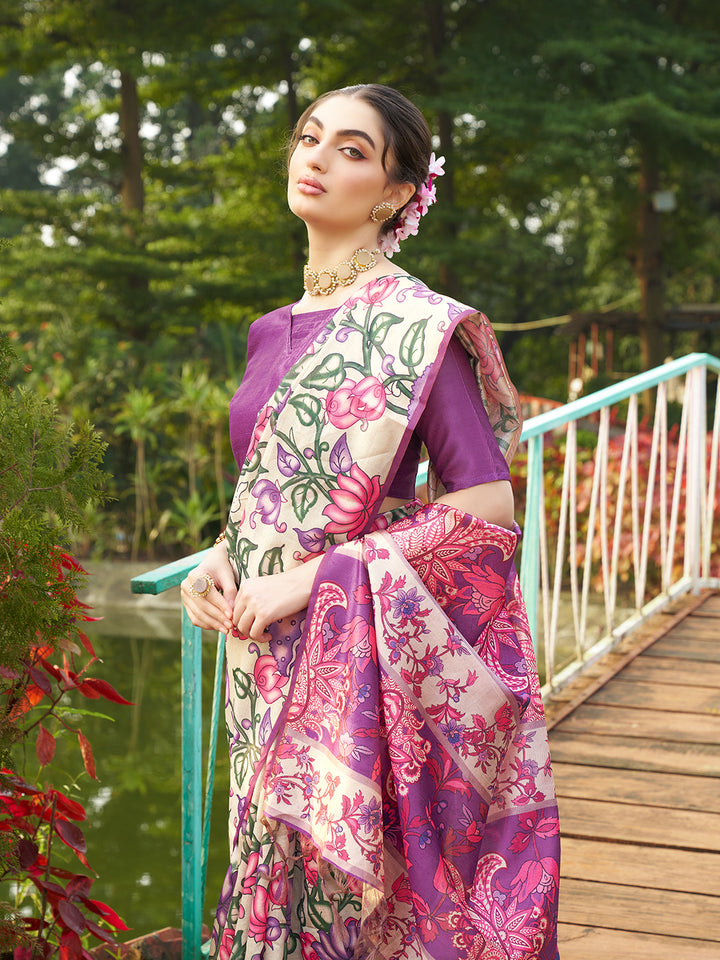 Kalamkari Printed Tussar Silk Saree | Traditional Festive Wear