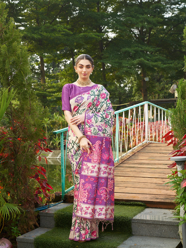 Kalamkari Printed Tussar Silk Saree | Traditional Festive Wear