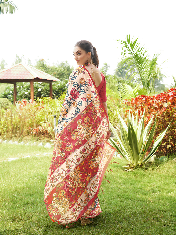 Kalamkari Printed Tussar Silk Saree | Traditional Festive Wear
