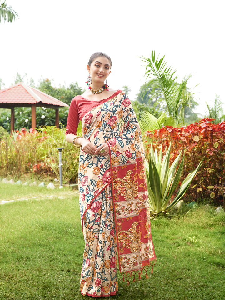Kalamkari Printed Tussar Silk Saree | Traditional Festive Wear