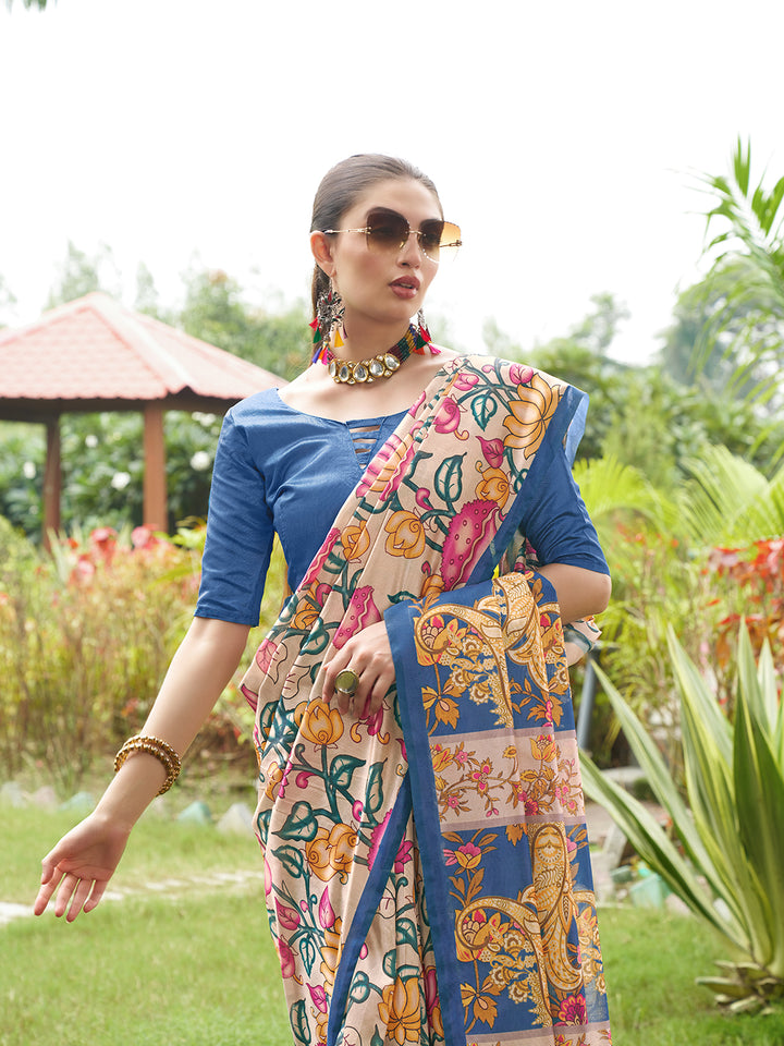 Kalamkari Printed Tussar Silk Saree | Traditional Festive Wear