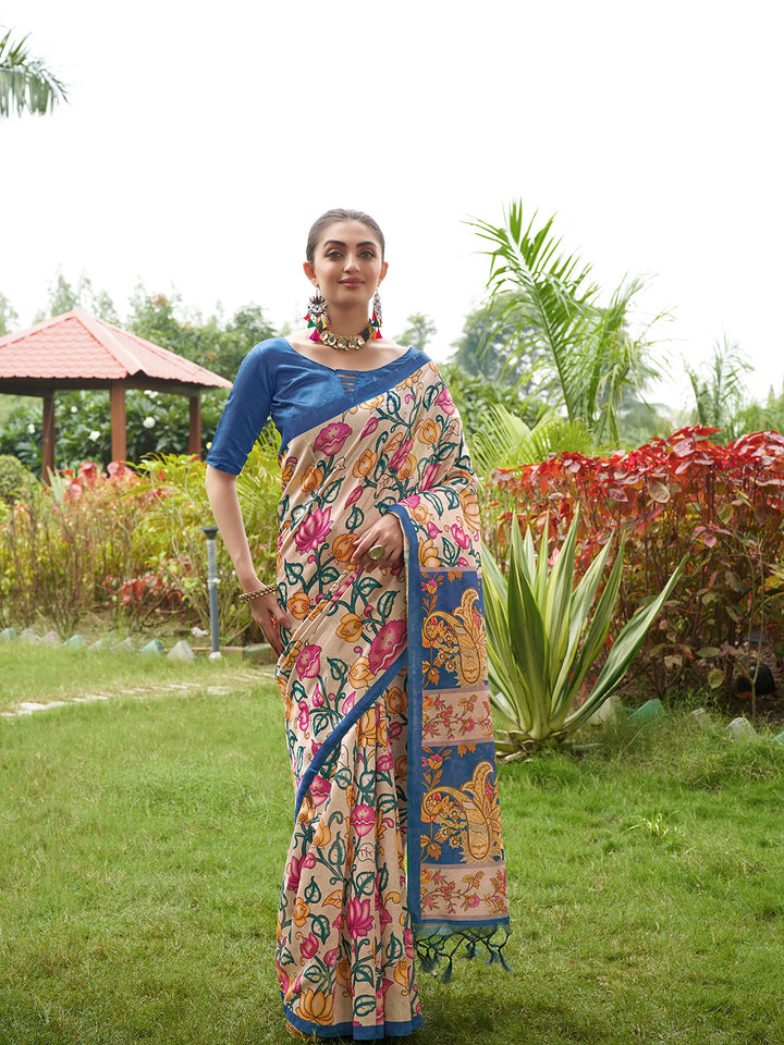 Kalamkari Printed Tussar Silk Saree | Traditional Festive Wear