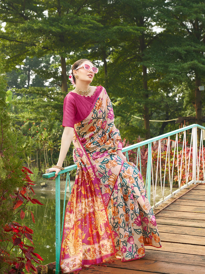 Kalamkari Printed Tussar Silk Saree | Traditional Festive Wear