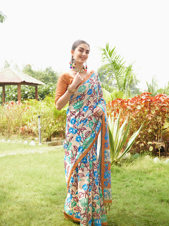 Kalamkari Printed Tussar Silk Saree | Traditional Festive Wear