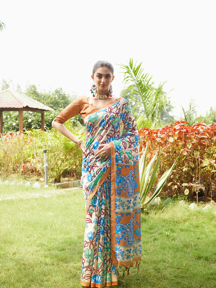 Kalamkari Printed Tussar Silk Saree | Traditional Festive Wear