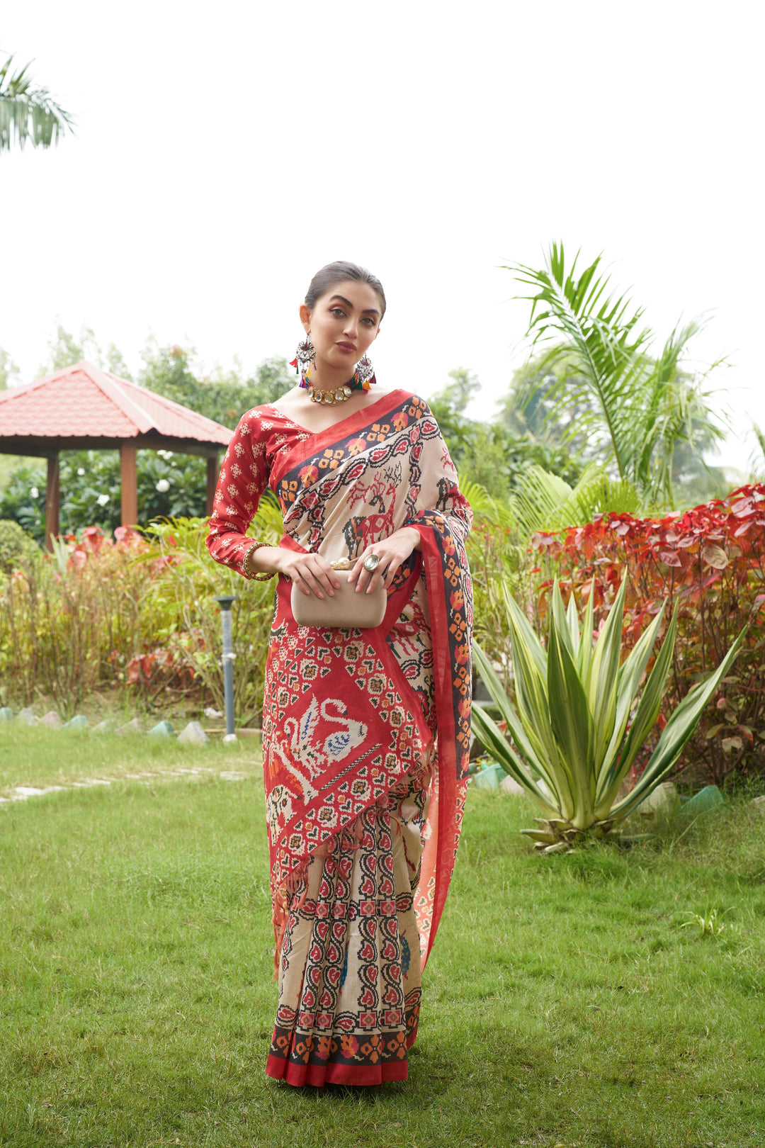 Bright Maroon Tussar Silk Saree | Designer Patola Print Ethnic Wear