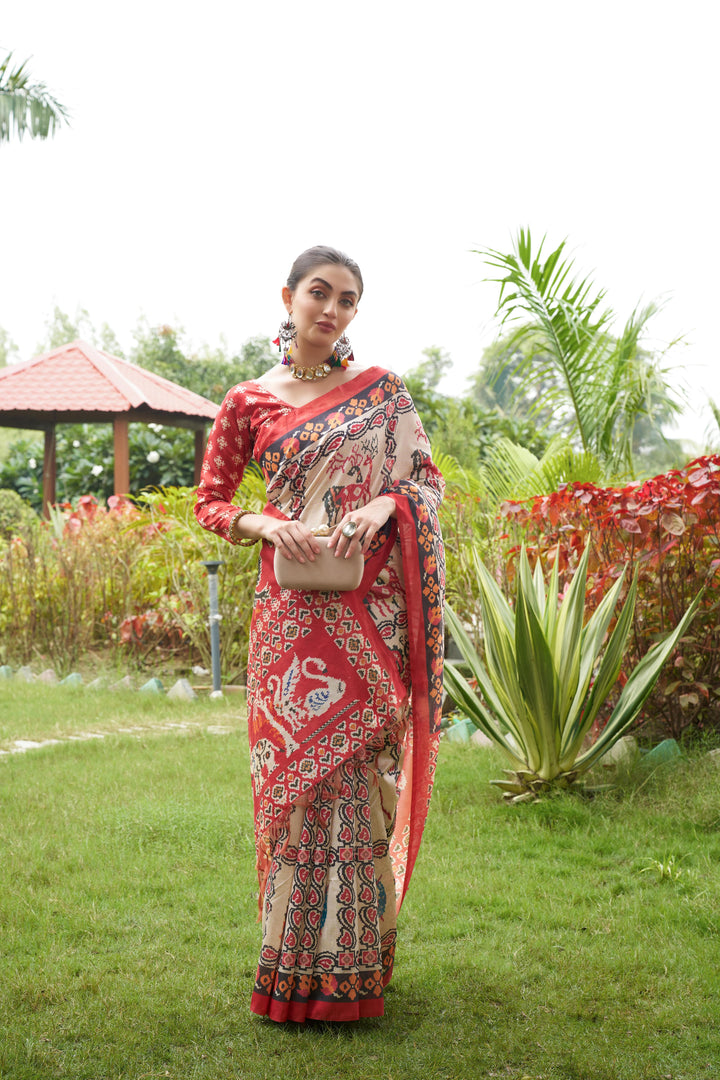 Bright Maroon Tussar Silk Saree | Designer Patola Print Ethnic Wear