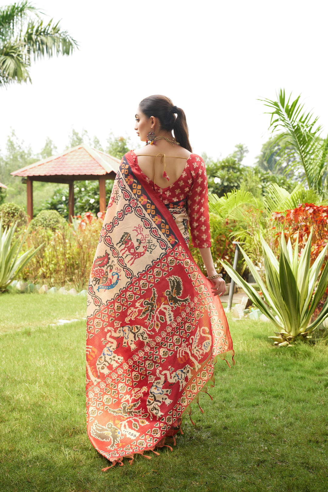 Bright Maroon Tussar Silk Saree | Designer Patola Print Ethnic Wear