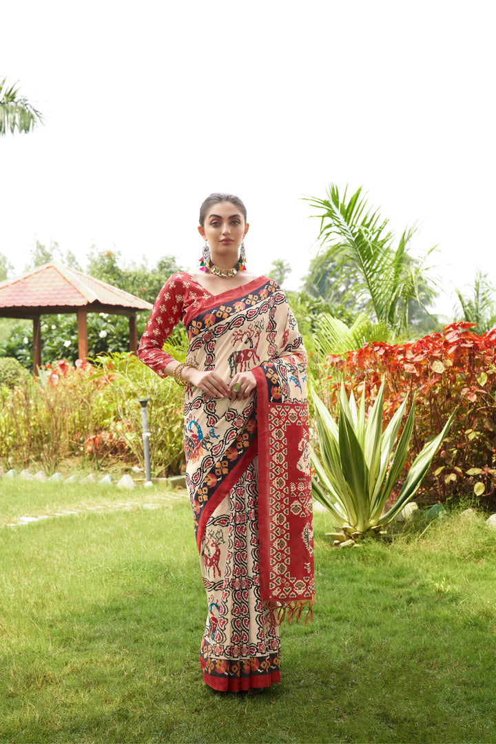 Bright Maroon Tussar Silk Saree | Designer Patola Print Ethnic Wear