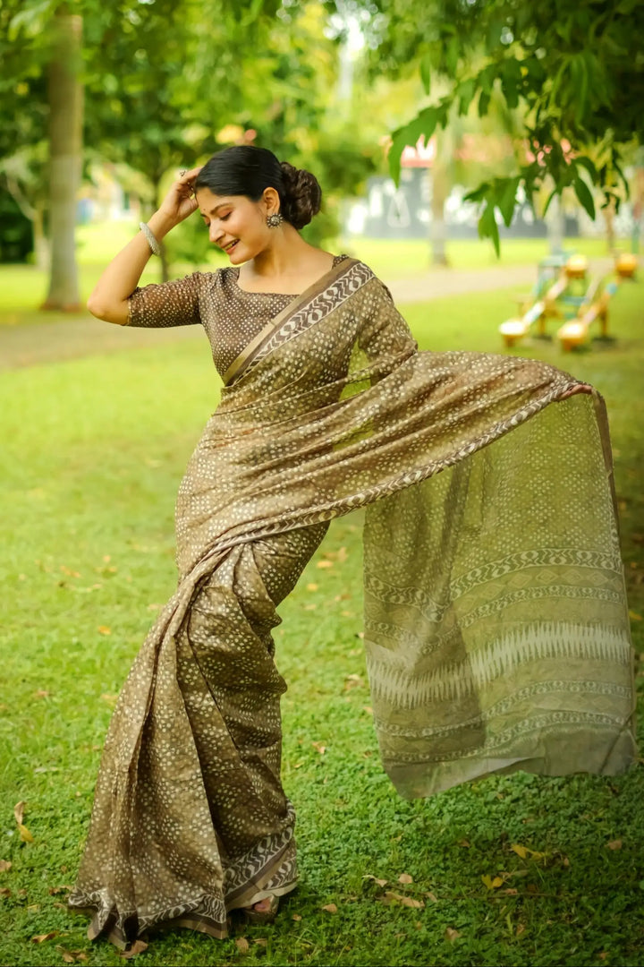 Light Green Cotton Saree | Designer Digital Print Elegant Festive Wear