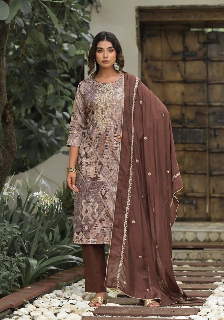 Graceful Brown Jam Cotton Top with Cambric Cotton Bottom | Charming Silk Dupatta