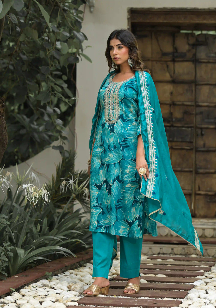 Chic Sea Blue Jam Cotton and Cambric Cotton Combination | Enhanced by a Beautiful Silk Dupatta