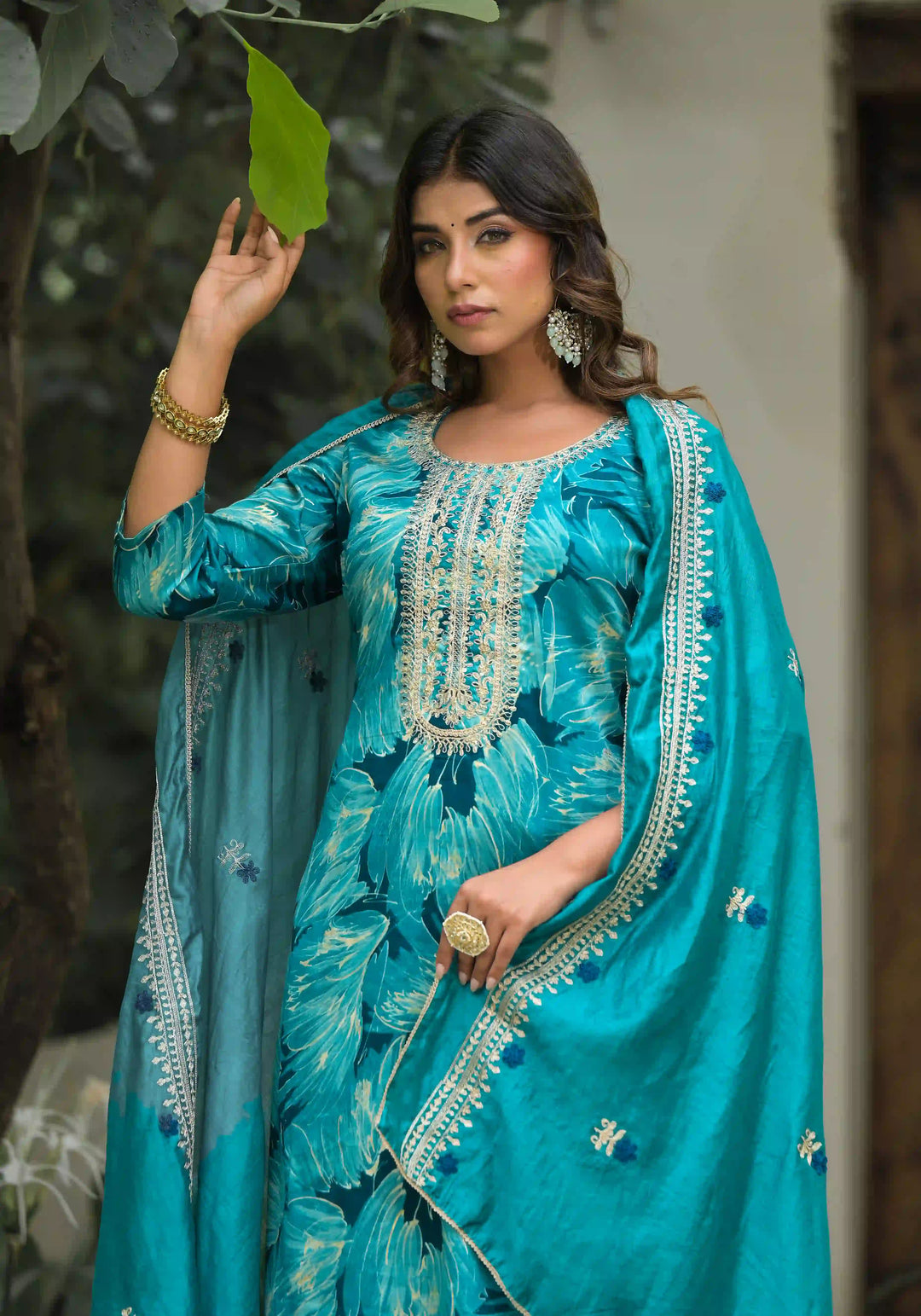 Chic Sea Blue Jam Cotton and Cambric Cotton Combination | Enhanced by a Beautiful Silk Dupatta