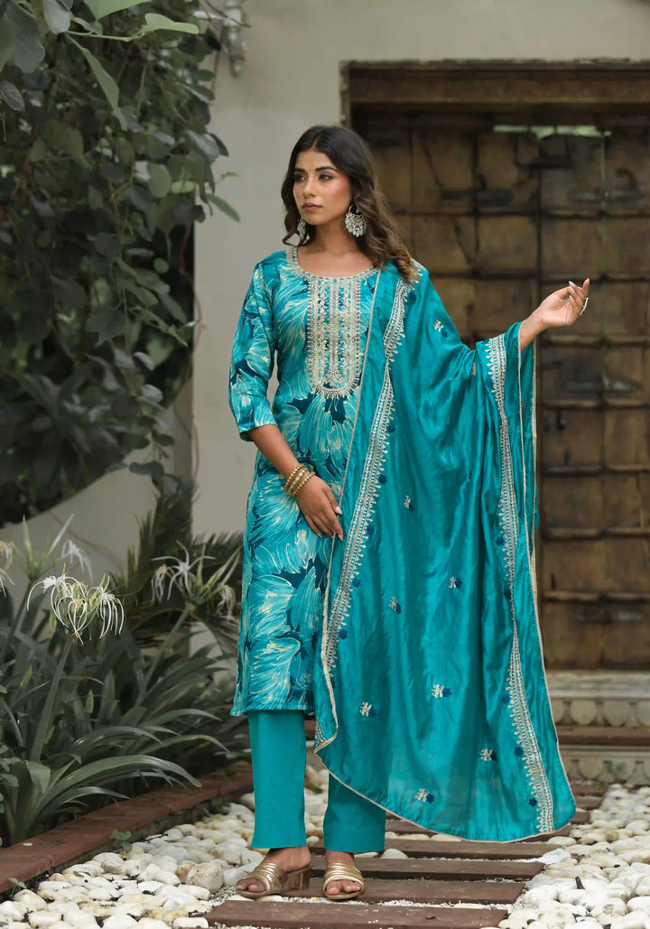 Chic Sea Blue Jam Cotton and Cambric Cotton Combination | Enhanced by a Beautiful Silk Dupatta