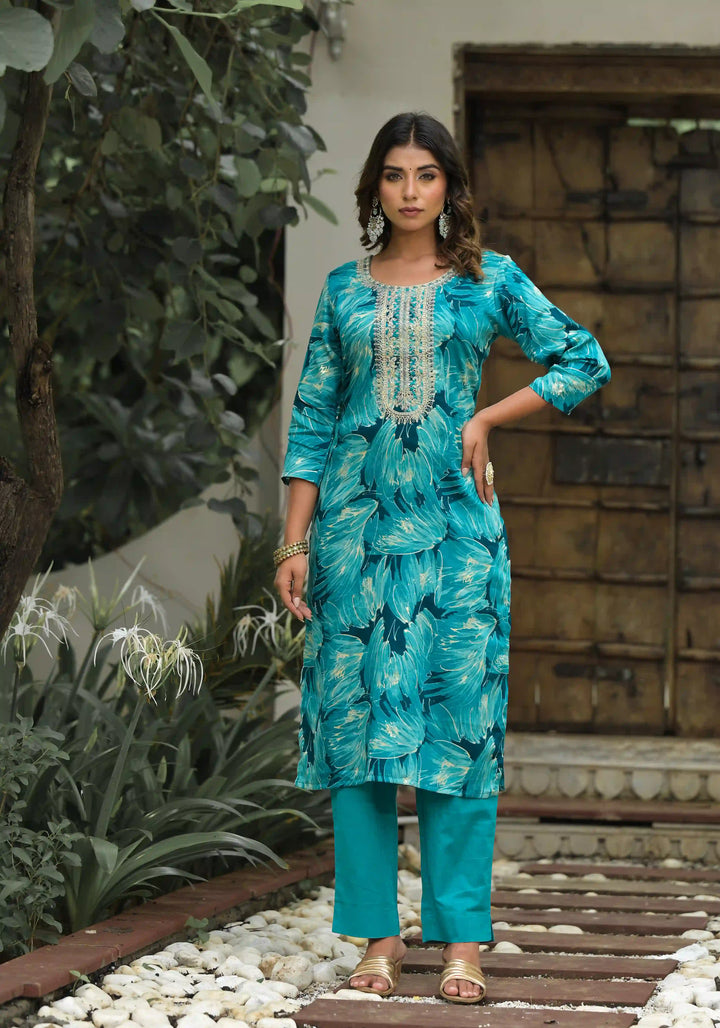 Chic Sea Blue Jam Cotton and Cambric Cotton Combination | Enhanced by a Beautiful Silk Dupatta
