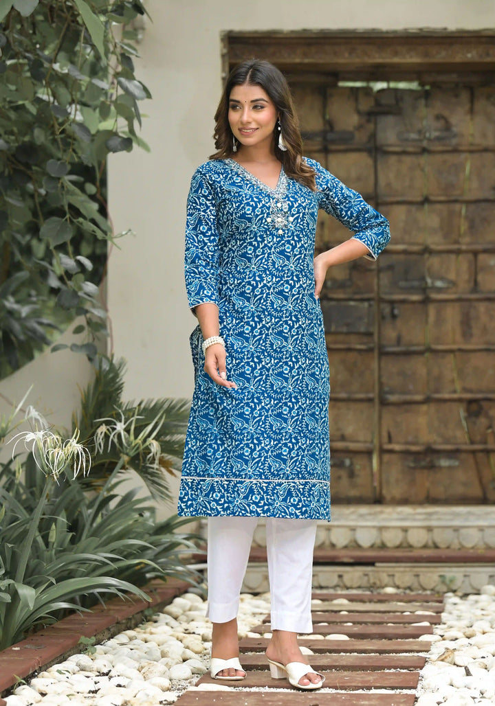 Elegant Blue Cotton Kurti Set | Mirror Work & Printed Design for Women