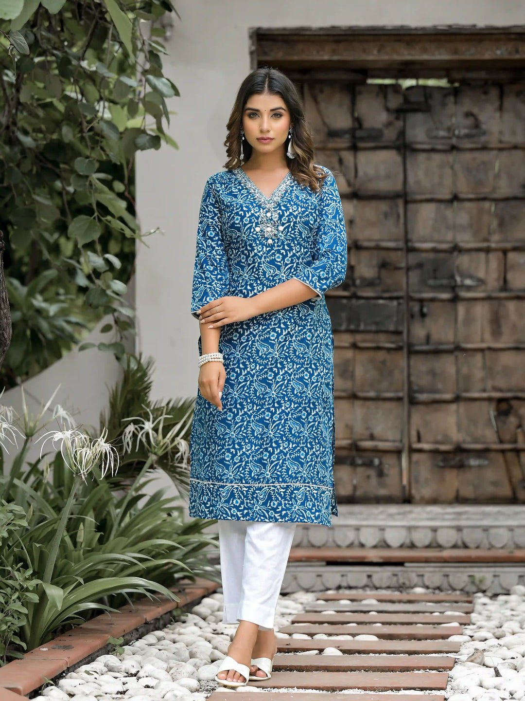 Elegant Blue Cotton Kurti Set | Mirror Work & Printed Design for Women