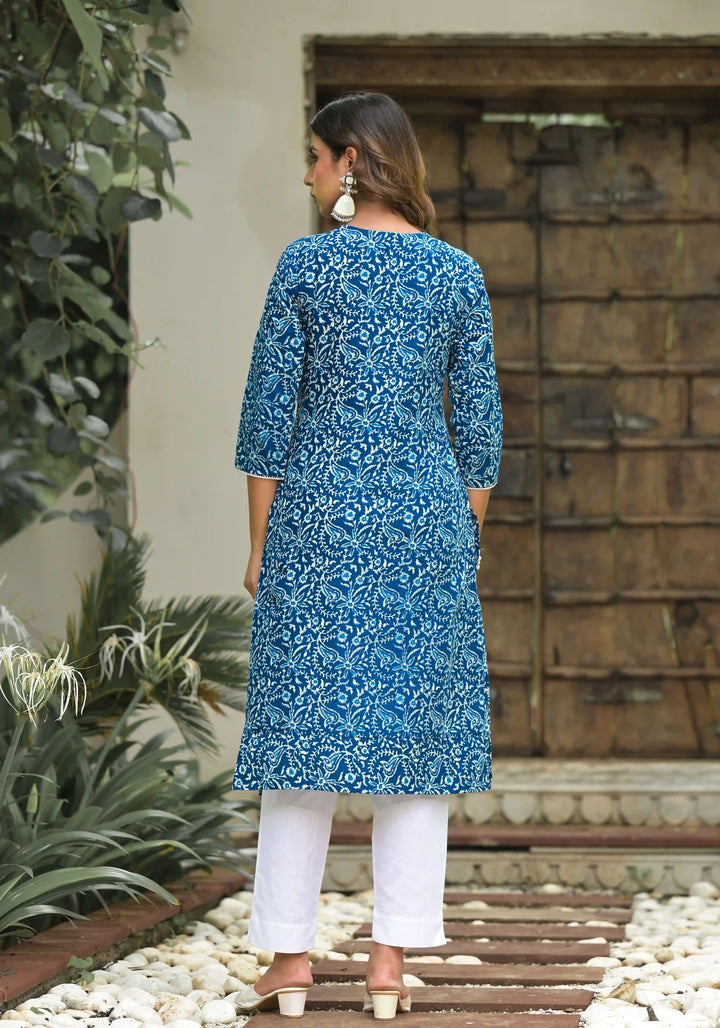 Elegant Blue Cotton Kurti Set | Mirror Work & Printed Design for Women