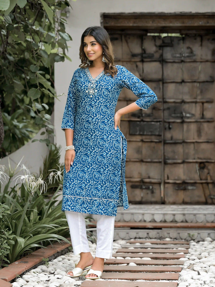 Elegant Blue Cotton Kurti Set | Mirror Work & Printed Design for Women