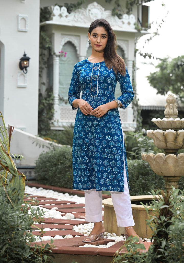 Ethnic Cotton Kurti Set | Mirror & Printed Design for Festive Elegance