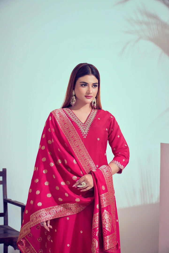 Elegant Bright Pink Suit | Roman Silk top bottom with Viscose Banarasi dupatta