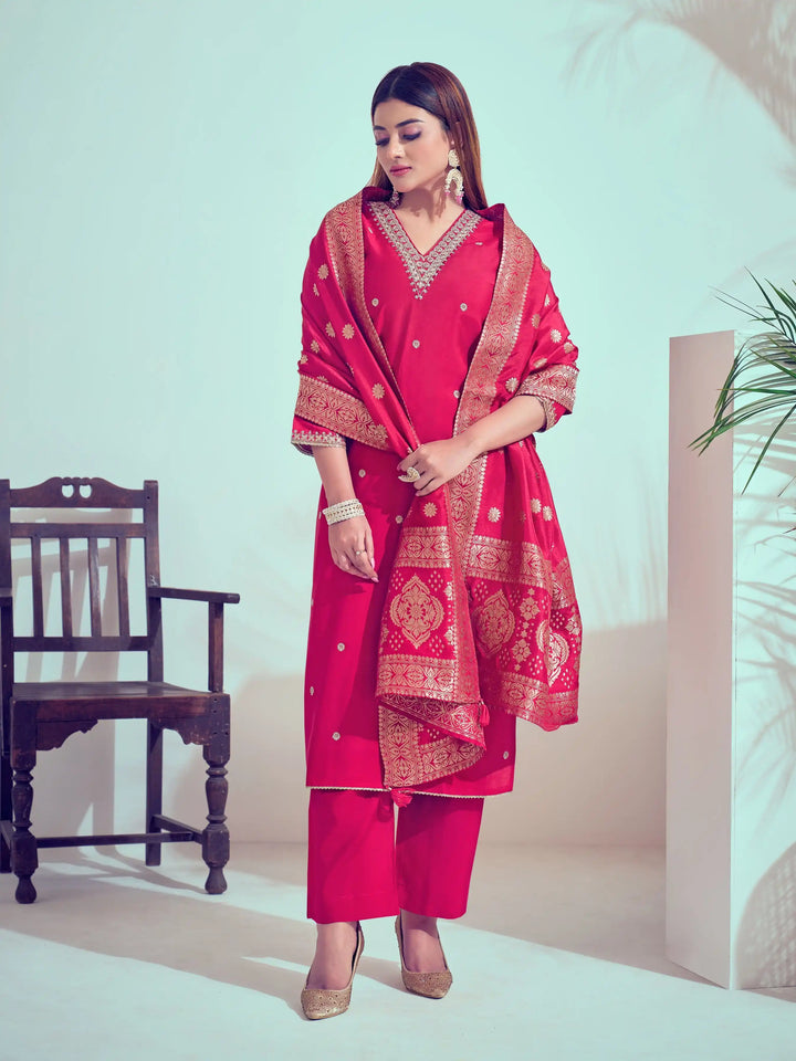 Elegant Bright Pink Suit | Roman Silk top bottom with Viscose Banarasi dupatta