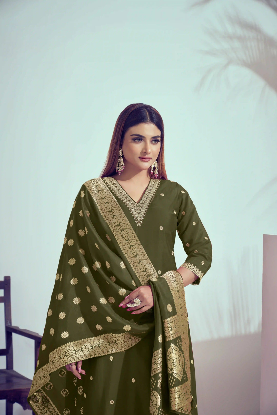 Elegant Bright Pink Suit | Roman Silk top bottom with Viscose Banarasi dupatta